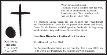 Traueranzeige von Karlheinz Rinsche von Tageszeitung