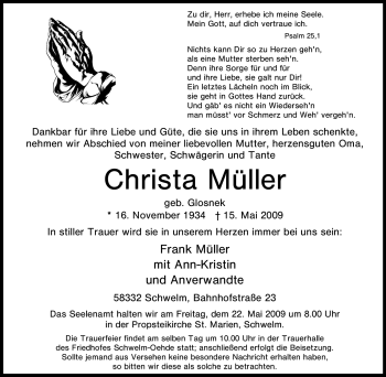 Traueranzeige von Christa Müller von Tageszeitung