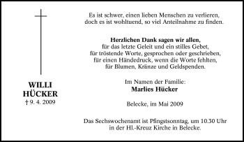 Traueranzeige von Willi Hücker von Tageszeitung