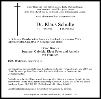 Traueranzeige von Klaus Schulte von Tageszeitung