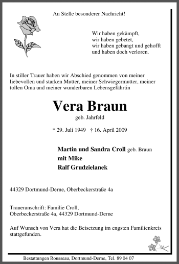 Traueranzeige von Vera Braun von Tageszeitung