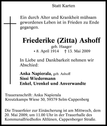 Traueranzeige von Friederike Ashoff von Tageszeitung