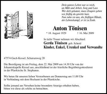 Traueranzeige von Anton Tönisen von Tageszeitung