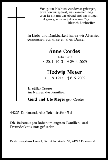 Traueranzeige von Hedwig Meyer von Tageszeitung