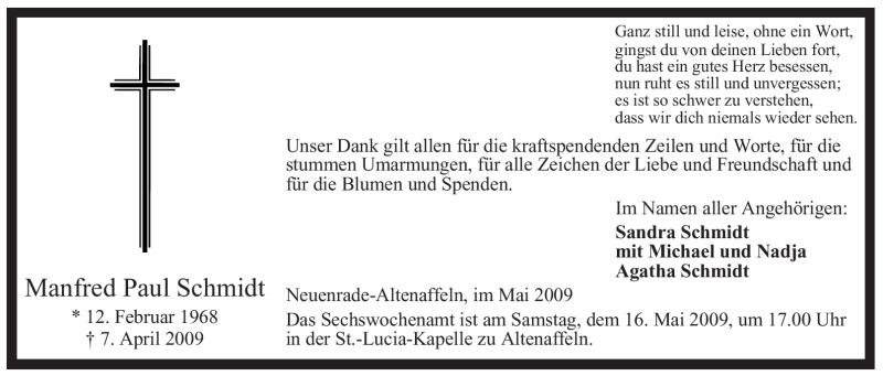  Traueranzeige für Manfred Paul Schmidt vom 09.05.2009 aus Tageszeitung