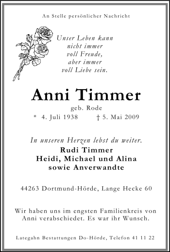 Traueranzeige von Anni Timmer von Tageszeitung