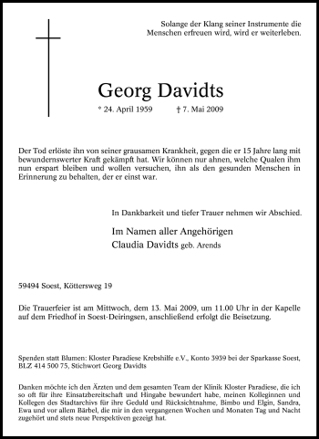 Traueranzeige von Georg Davidts von Tageszeitung