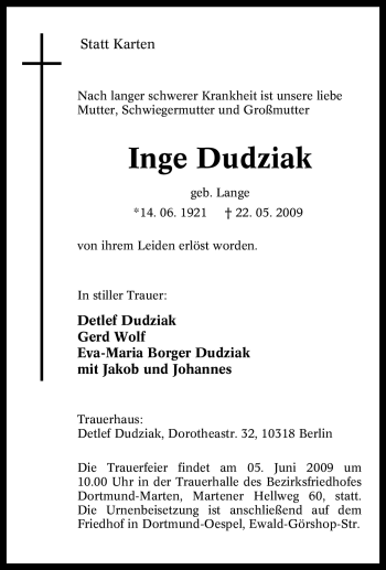 Traueranzeige von Inge Dudziak von Tageszeitung