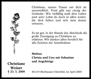 Traueranzeige von Christiane Weiser von Tageszeitung