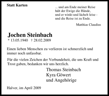Traueranzeige von Jochen Steinbach von Tageszeitung