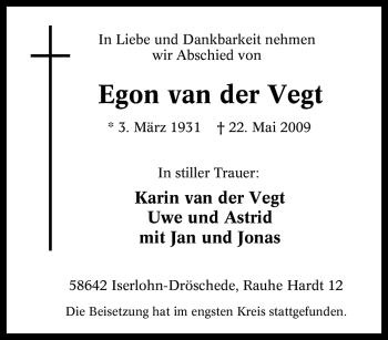 Traueranzeige von Egon van der Vegt von Tageszeitung