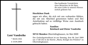 Traueranzeige von Leni Vandreike von Tageszeitung