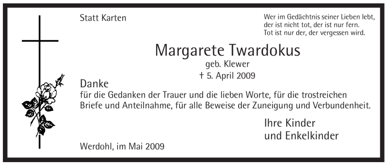  Traueranzeige für Margarete Twardokus vom 13.05.2009 aus Tageszeitung