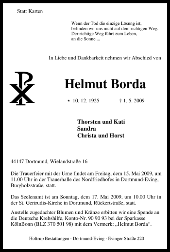 Traueranzeige von Helmut Borda von Tageszeitung