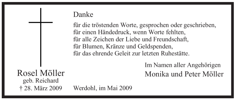  Traueranzeige für Rosel Möller vom 09.05.2009 aus Tageszeitung