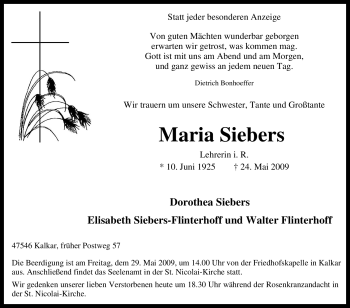 Traueranzeige von Maria Siebers von Tageszeitung