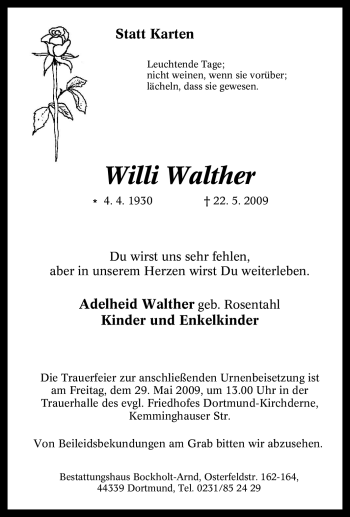 Traueranzeige von Willi Walther von Tageszeitung