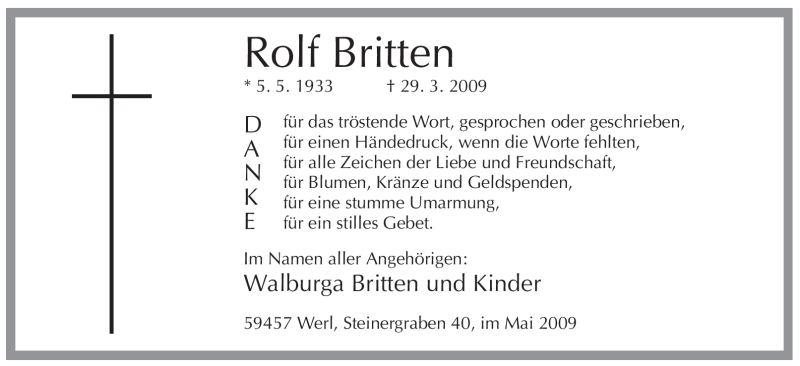  Traueranzeige für Rolf Britten vom 09.05.2009 aus Tageszeitung