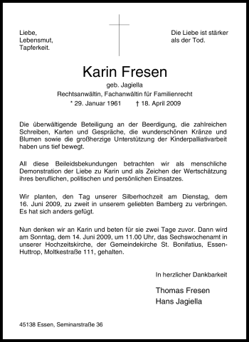 Traueranzeige von Karin Fresen von Tageszeitung