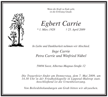 Traueranzeige von Egbert Carrie von Tageszeitung