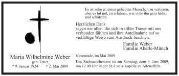 Traueranzeige von Maria Wilhelmine Weber von Tageszeitung