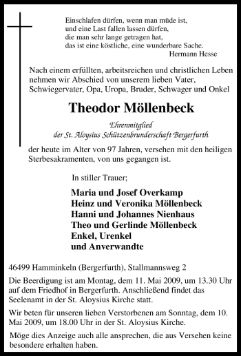 Traueranzeige von Theodor Möllenbeck von Tageszeitung