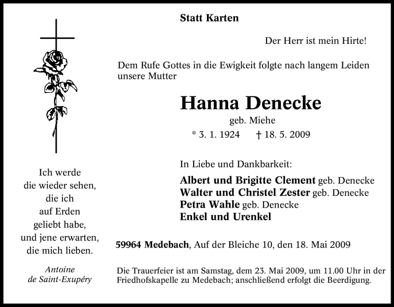  Traueranzeige für Hanna Denecke vom 19.05.2009 aus Tageszeitung