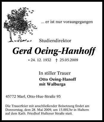 Traueranzeige von Gerd Oeing-Hanhoff von Tageszeitung