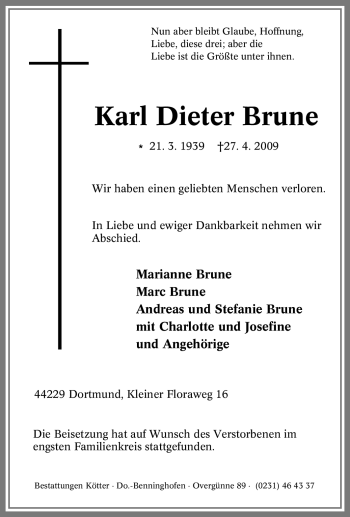 Traueranzeige von Karl Dieter Brune von Tageszeitung