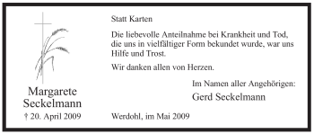 Traueranzeige von Margarete Seckelmann von Tageszeitung