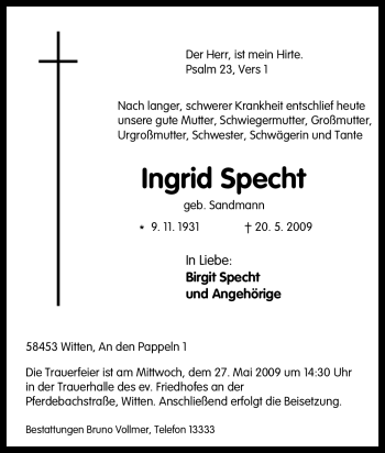Traueranzeige von Ingrid Specht von Tageszeitung