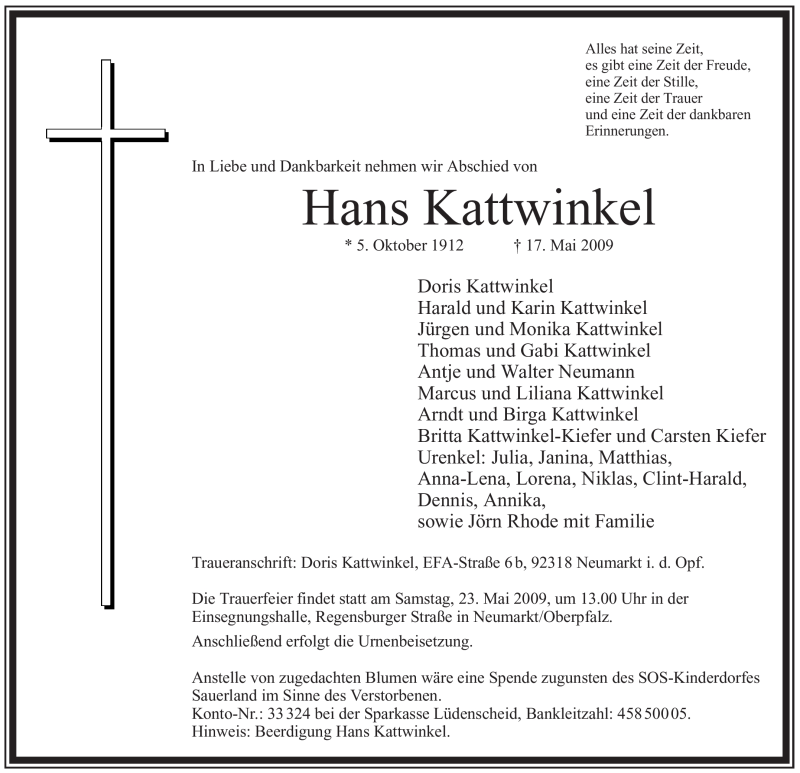  Traueranzeige für Hans Kattwinkel vom 20.05.2009 aus Tageszeitung