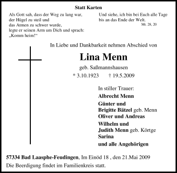 Traueranzeige von Lina Menn von Tageszeitung