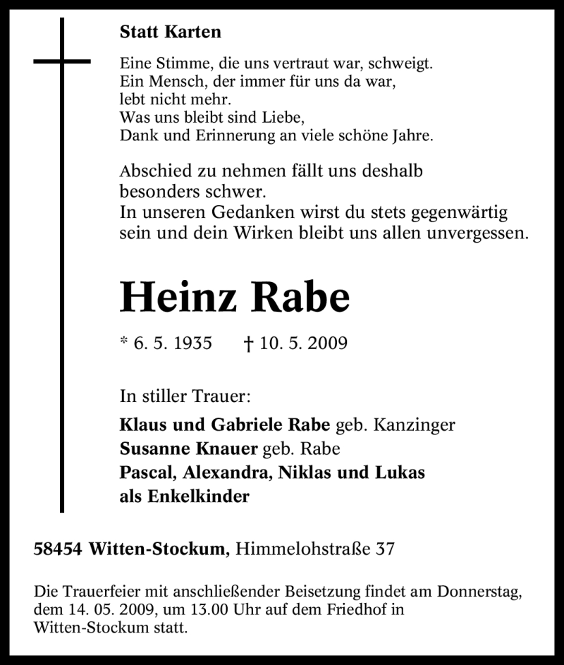  Traueranzeige für Heinz Rabe vom 13.05.2009 aus Tageszeitung