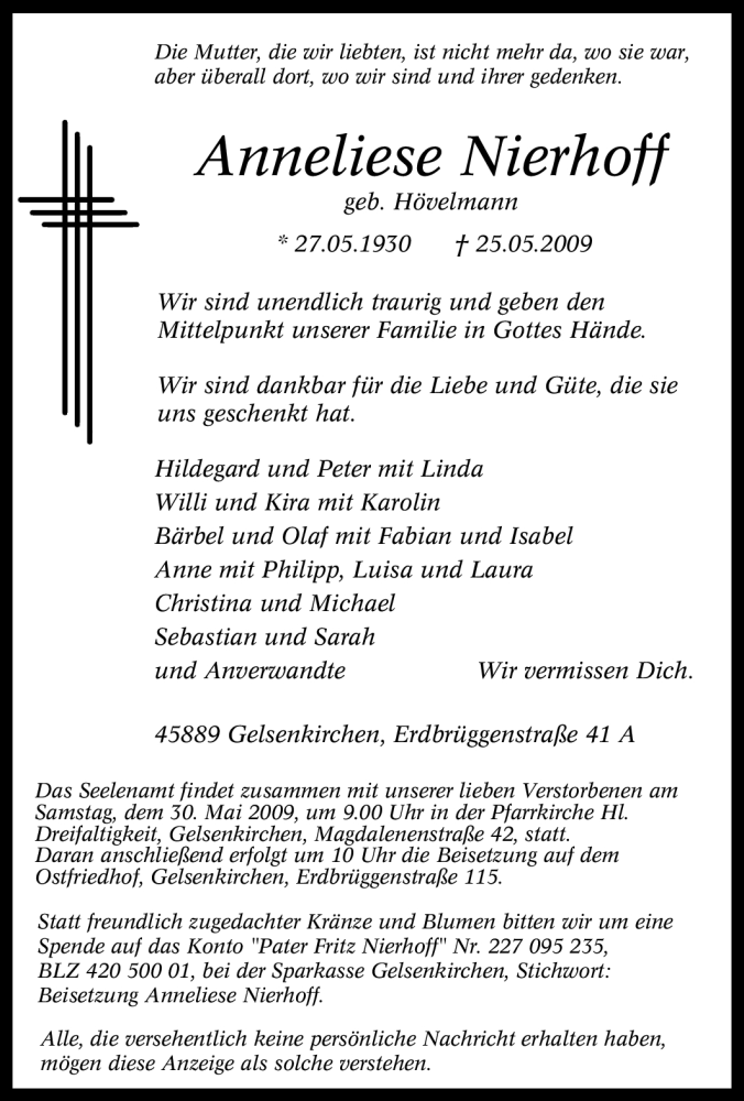  Traueranzeige für Anneliese Nierhoff vom 27.05.2009 aus Tageszeitung