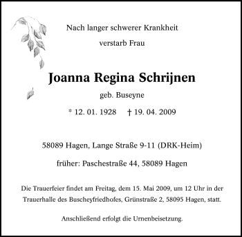 Traueranzeige von Joanna Regina Schrijnen von Tageszeitung