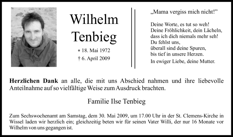  Traueranzeige für Wilhelm Tenbieg vom 27.05.2009 aus Tageszeitung