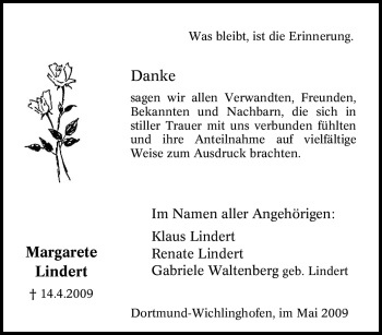 Traueranzeige von Margarete Lindert von Tageszeitung