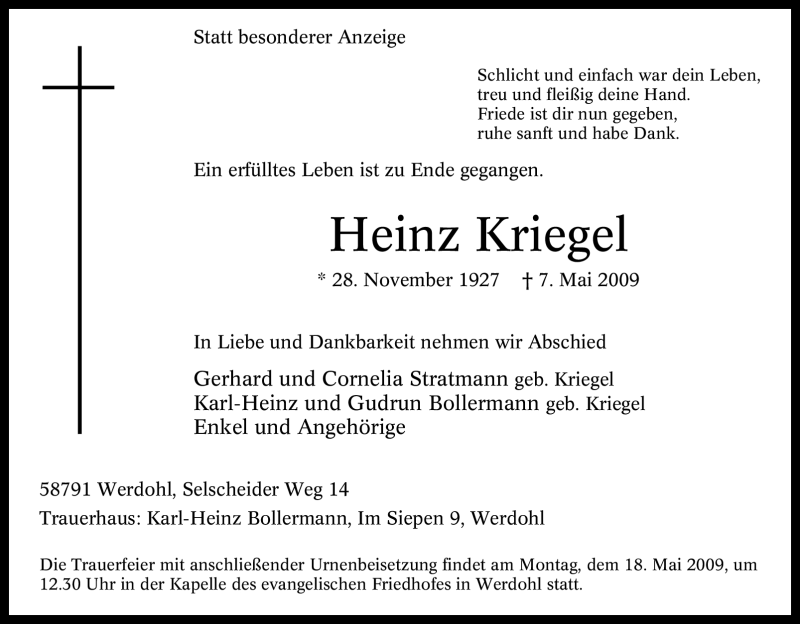  Traueranzeige für Heinz Kriegel vom 12.05.2009 aus Tageszeitung