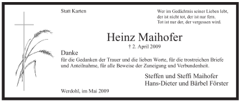 Traueranzeige von Heinz Maihofer von Tageszeitung