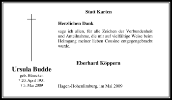 Traueranzeige von Ursula Budde von Tageszeitung