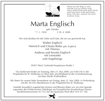 Traueranzeige von Marta Englisch von Tageszeitung