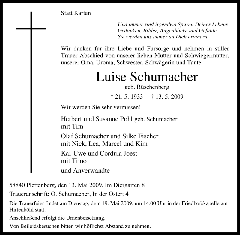 Traueranzeigen von Luise Schumacher | Trauer-in-NRW.de