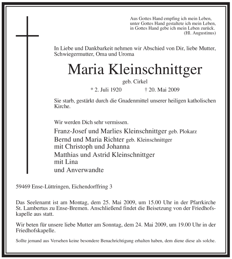  Traueranzeige für Maria Kleinschnittger vom 23.05.2009 aus Tageszeitung