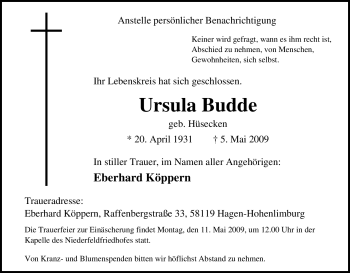 Traueranzeige von Ursula Budde von Tageszeitung