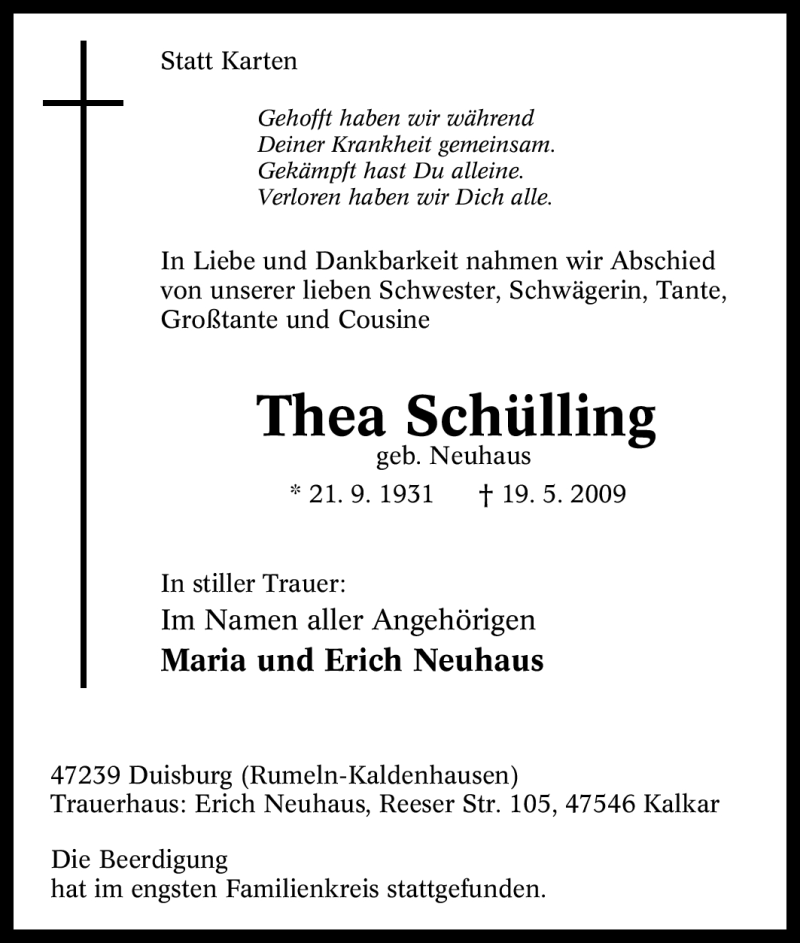 Traueranzeige für Thea Schülling vom 26.05.2009 aus Tageszeitung