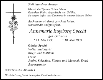 Traueranzeige von Annemarie Ingeborg Specht von Tageszeitung