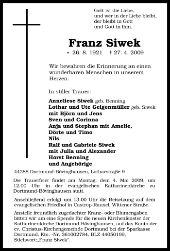 Traueranzeige von Franz Siwek von Tageszeitung