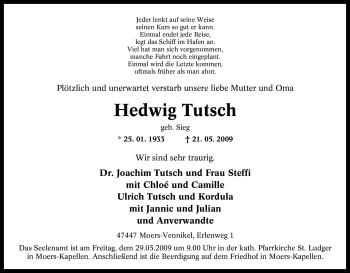 Traueranzeige von Hedwig Tutsch von Tageszeitung