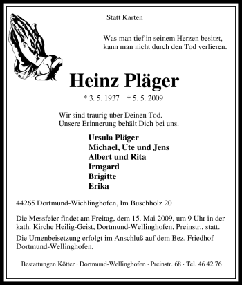 Traueranzeige von Heinz Pläger von Tageszeitung